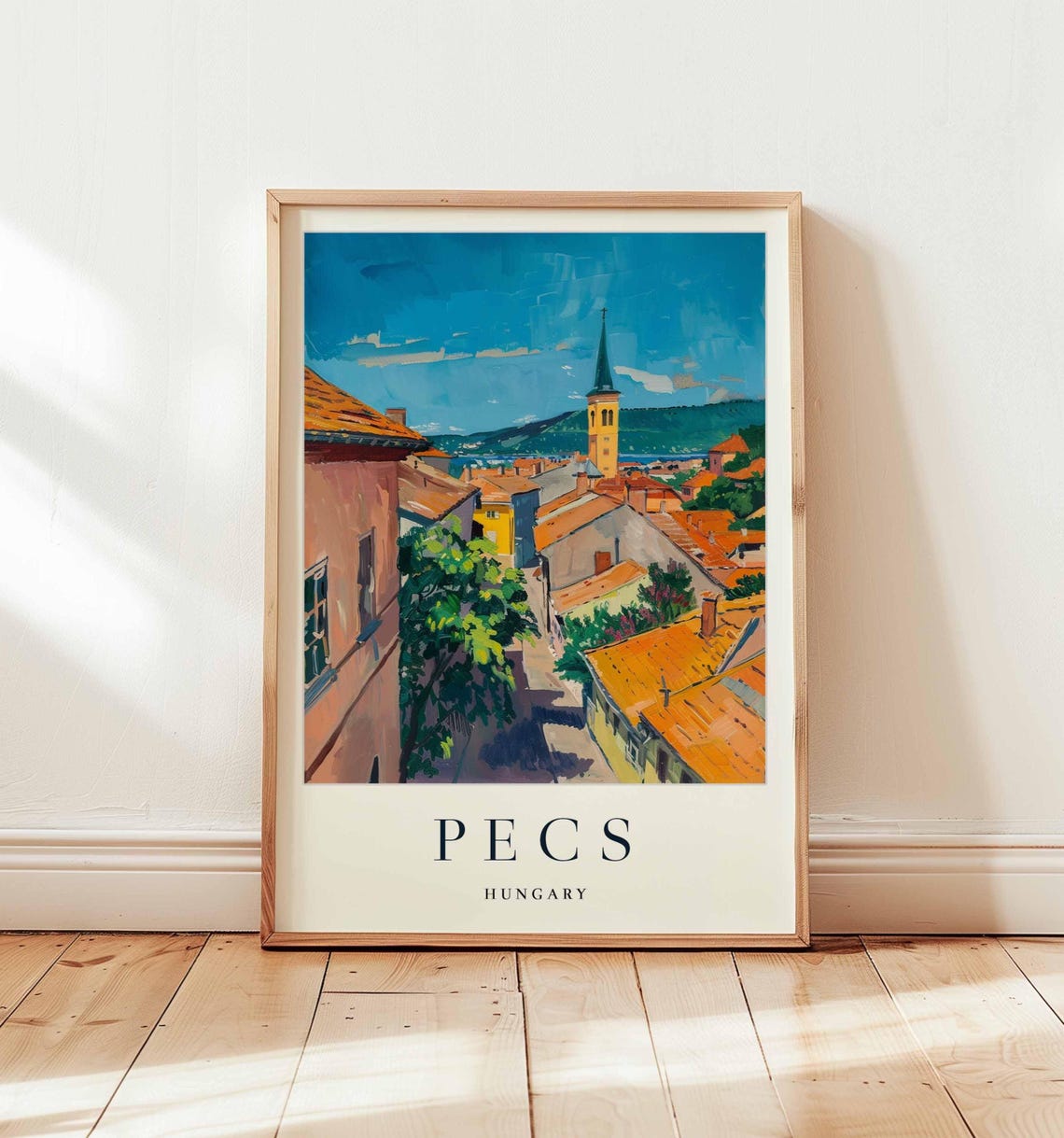 Pecs Hungary Terracotta Rooftops Church Spire Old Street Travel Poster