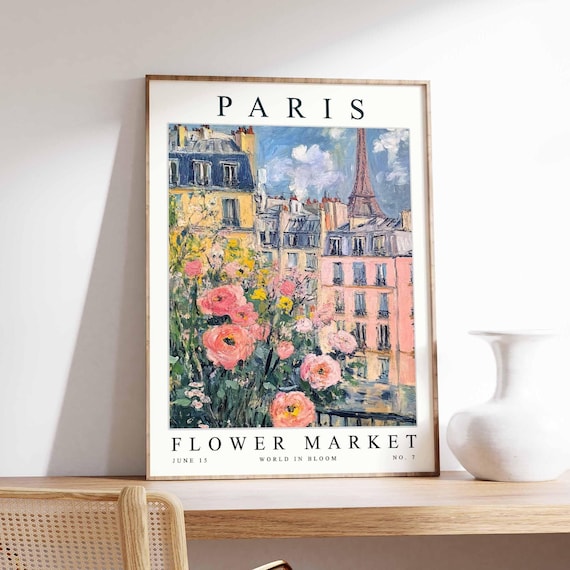 Paris Flower Market Impressionist Rooftops and Eiffel Tower Rose Poster