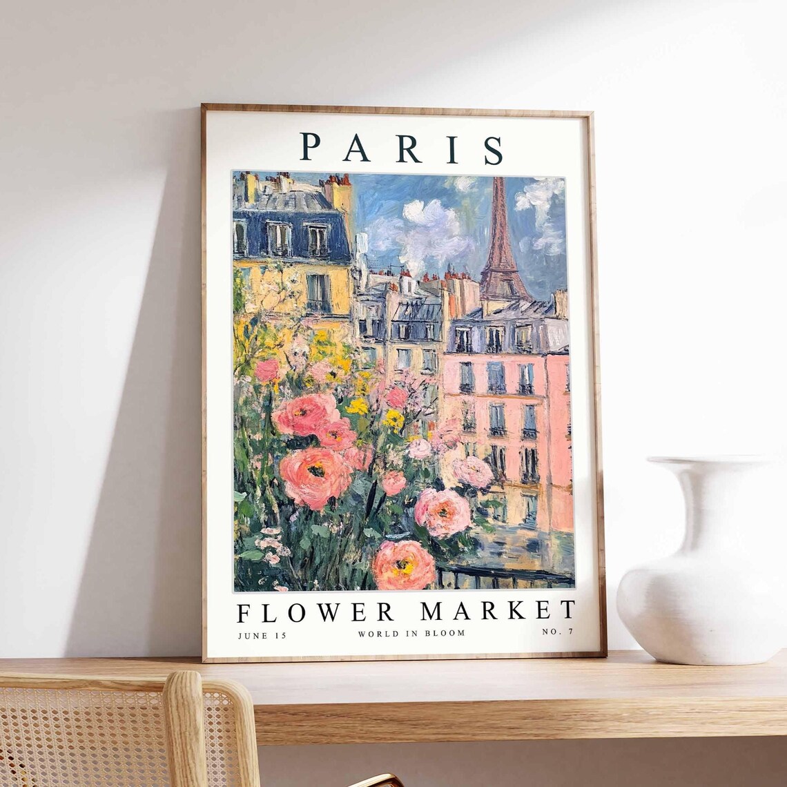 Paris Flower Market Impressionist Rooftops and Eiffel Tower Rose Poster