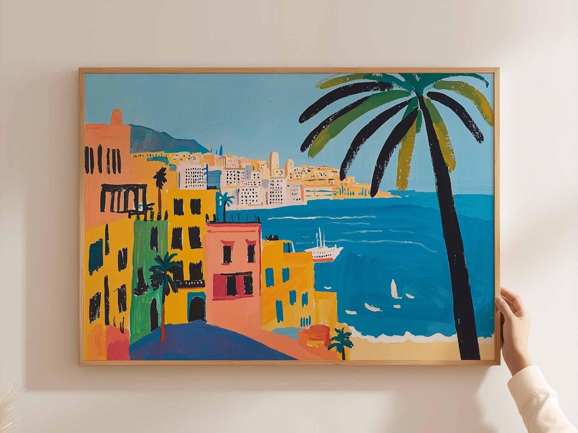 Colorful Coastal City Palms Sailboats Naive Art Style Poster