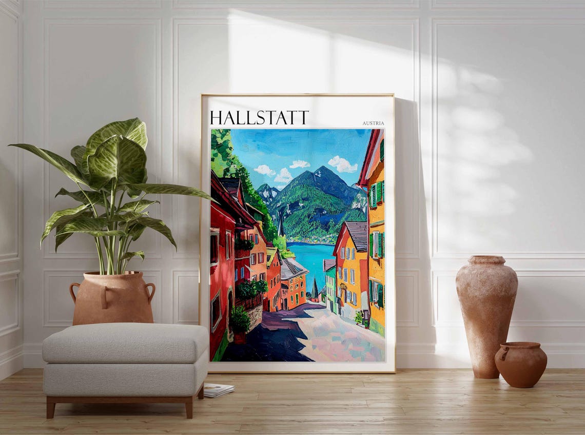 Hallstatt Austria Village Street To Lake Summer Painting Poster - Image 2