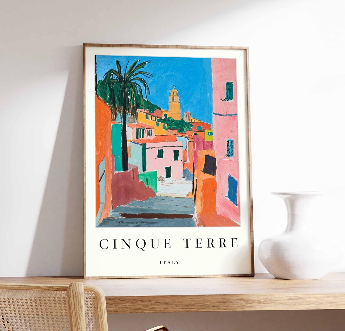 Cinque Terre Bold Village Street Pink Houses Fauvist Art Poster