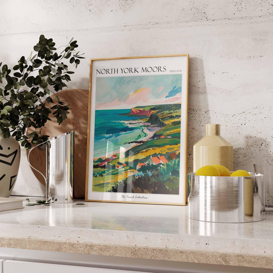 North York Moors England Coastal Cliffs Bay Cottages Scene Poster - Image 3