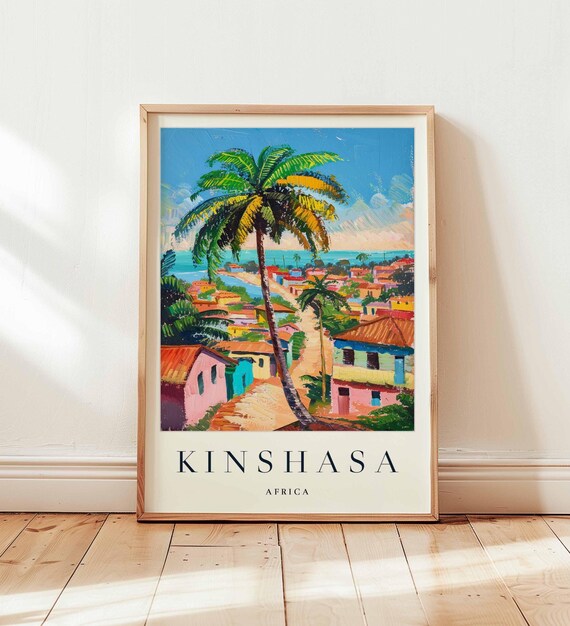 Kinshasa Africa Travel Poster Palm Tree Coastal Town Colorful Hillside Scene