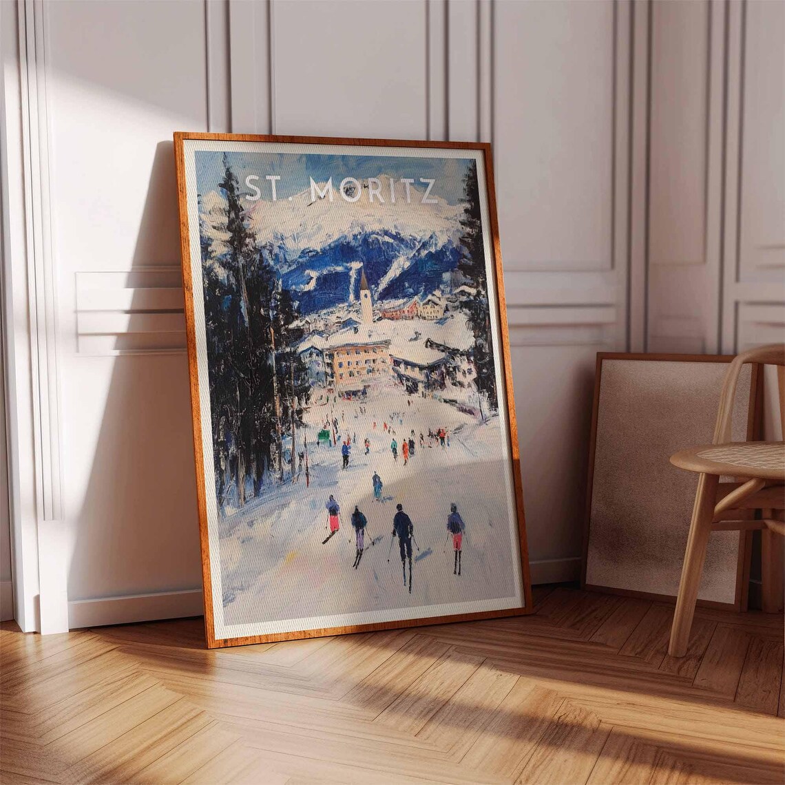 St. Moritz Switzerland Bold Oil Skiers Descending Slopes Poster - Image 3