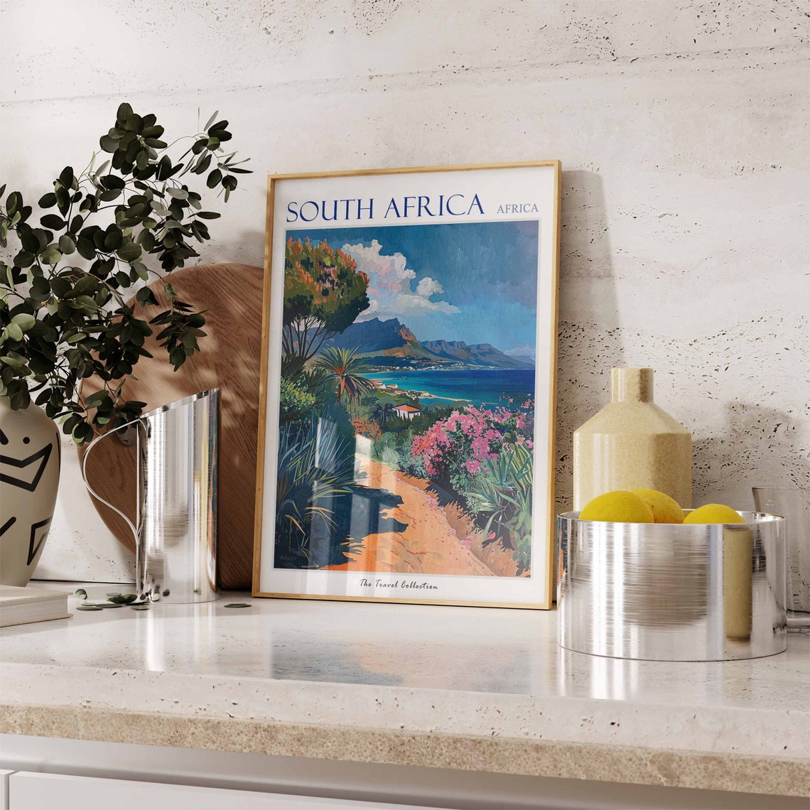 South Africa Coastal Bay Mountain View Pink Blossom Path Poster - Image 3