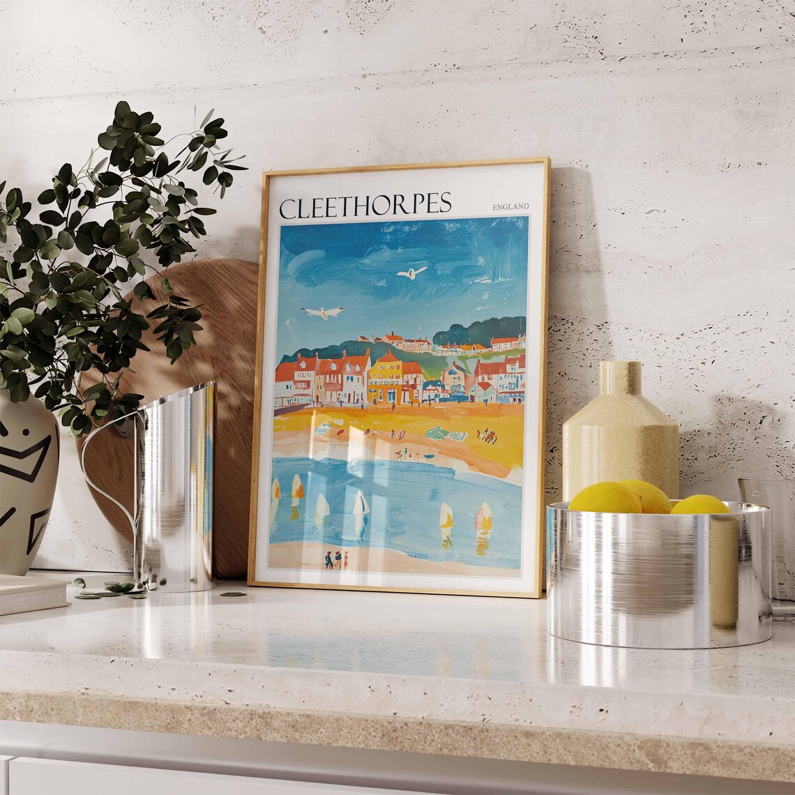 Cleethorpes England Colorful Row Houses Sailboats Gulls Travel Poster - Image 2