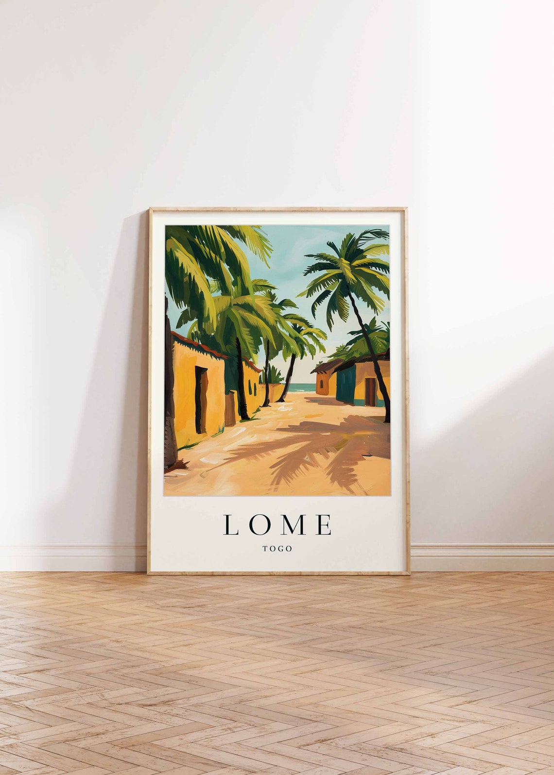 Lome Togo Palm Lined Sandy Path Village Huts Tropical Travel Poster - Image 2