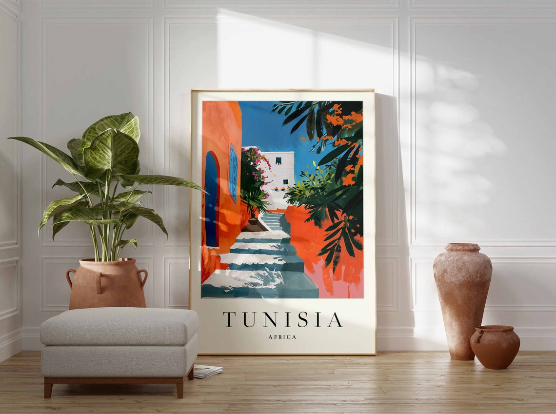 Tunisia Blue and White Village Steps Orange Walls Africa Poster - Image 3