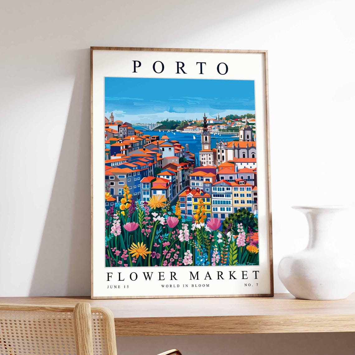 Porto City Panorama Douro Boat Daisy Meadow Flat Floral Travel Poster