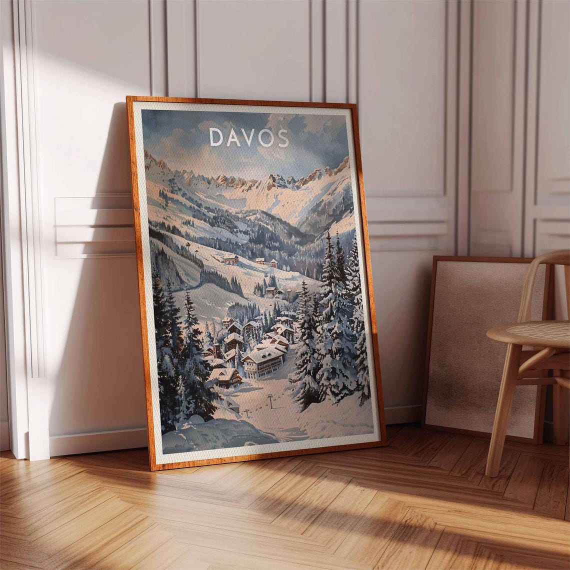 Davos Moonlit Valley Chairlifts Snowy Pines Night Ski Scene Poster - Image 2