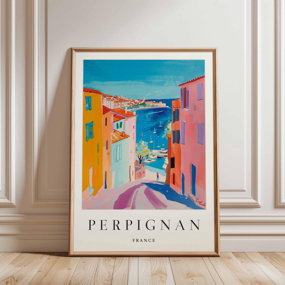Perpignan France Colorful Alley Street View to Harbor Sailboats Poster - Image 3