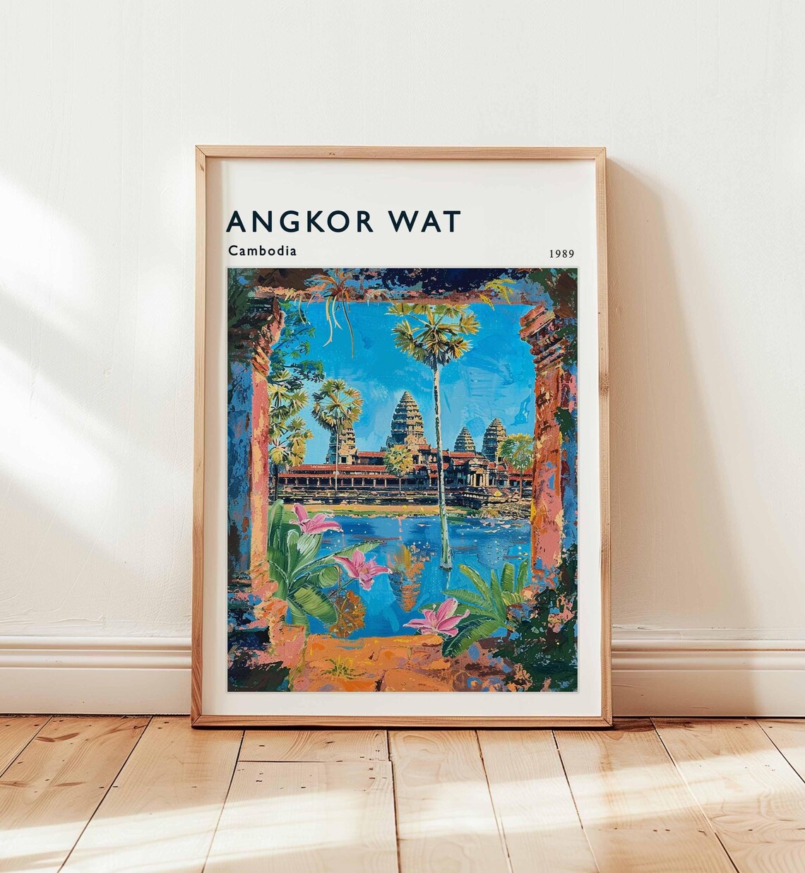 Angkor Wat Cambodia Pink Lotus Garden Doorway Framed Art Poster