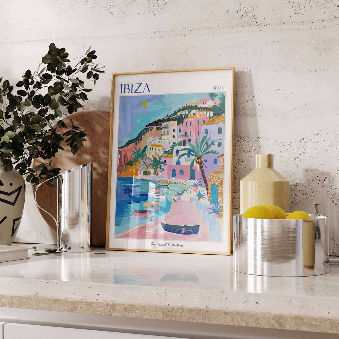 Ibiza Spain Colorful Harbor Palms Boats Artwork Travel Poster - Image 2