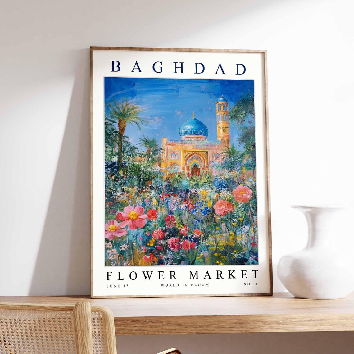 Baghdad Blue Dome Cosmos Meadow Mosque Palm Flower Market Poster