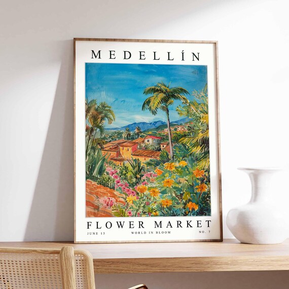 Medellin Colombia Flower Market Poster Tropical Botanical Travel Artwork