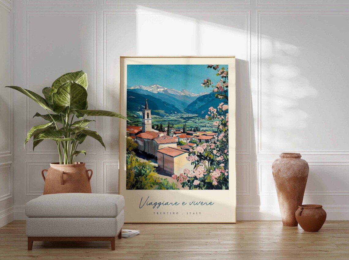 Trentino Italy Village Painting Bell Tower Blossoms Valley Poster - Image 3