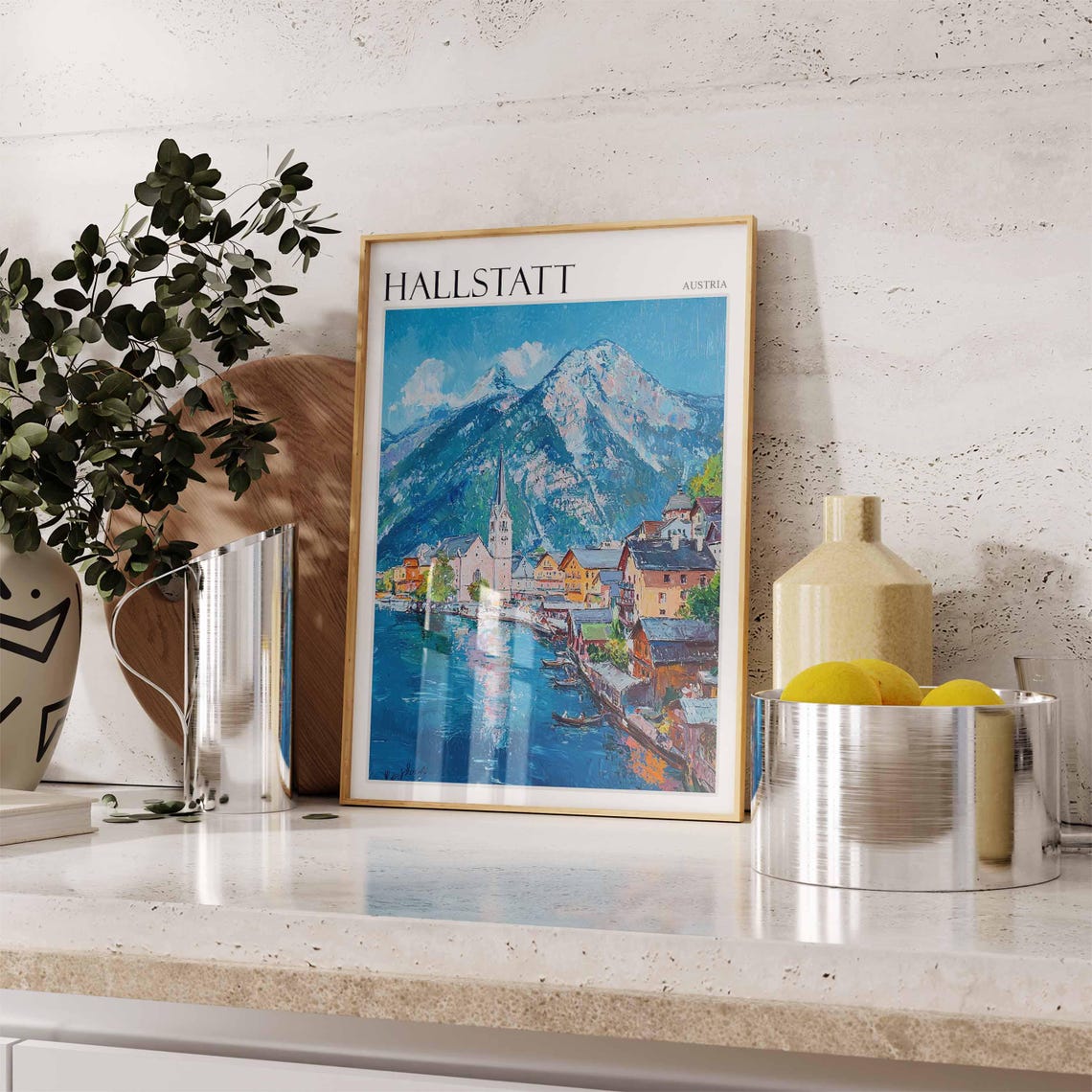 Hallstatt Austria Impasto Lake Reflection Oil Painting Poster - Image 2