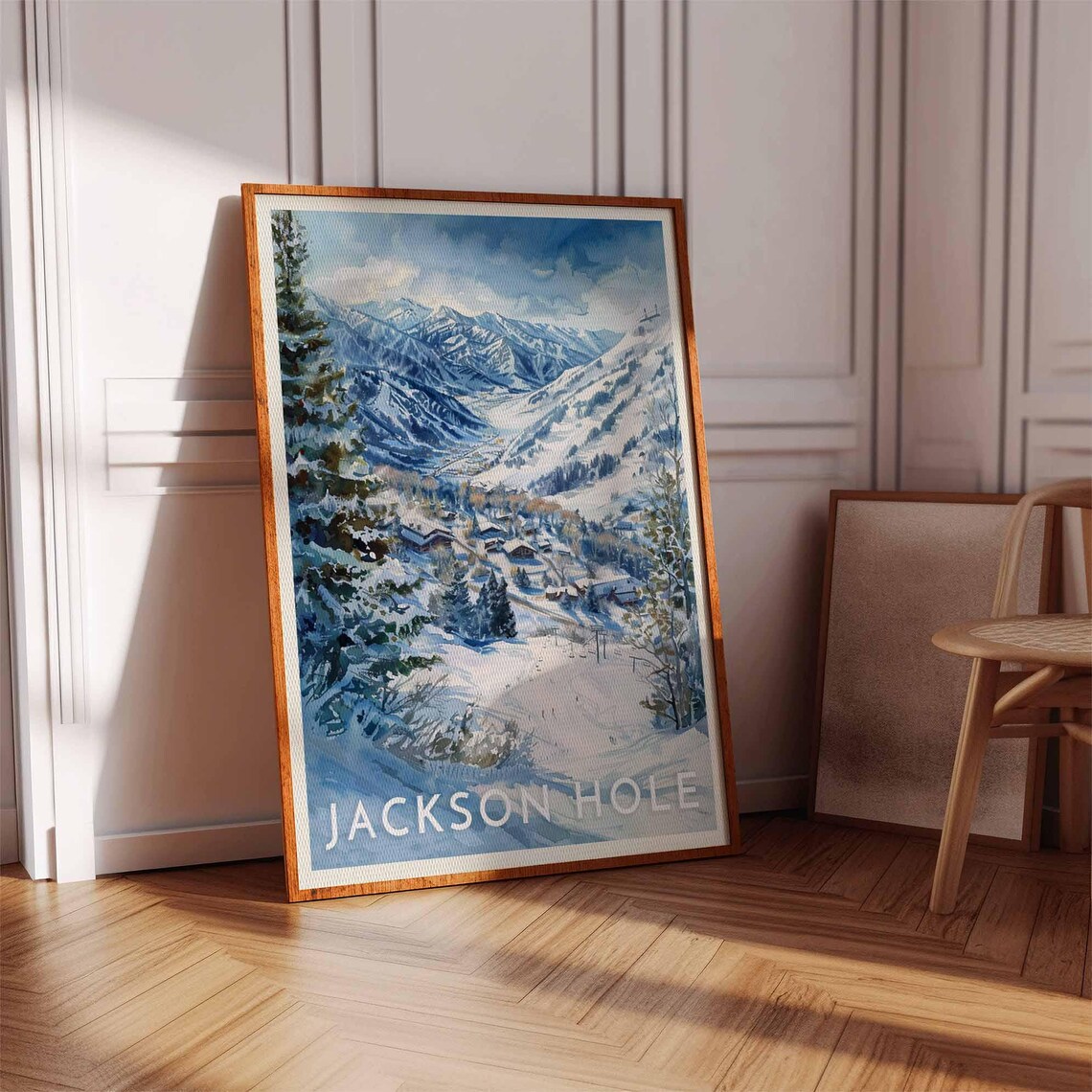 Jackson Hole Mountain Valley Watercolor Poster with Village and Ski Runs - Image 2