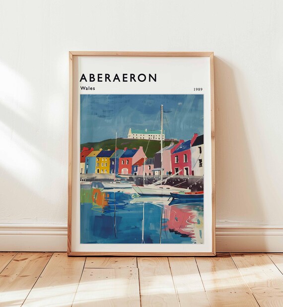 Aberaeron Wales 1989 Colorful Harbor Boats Travel Art Poster