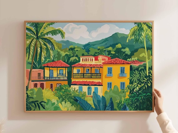 Colombia Jungle Colonial Houses Red Roofs Palms Mountain Art Poster