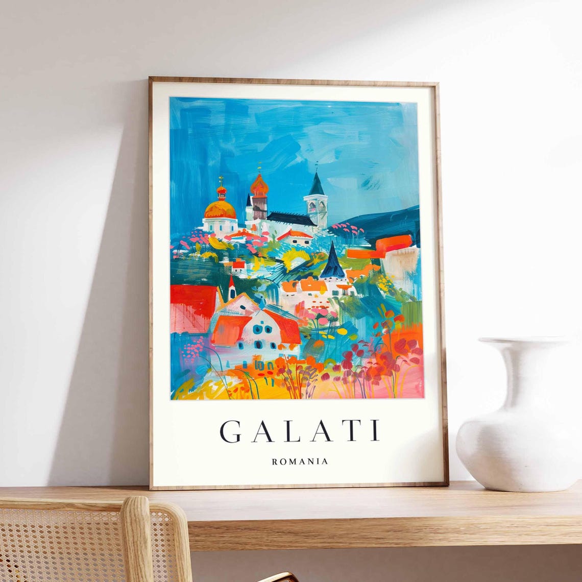 Galati Romania Travel Poster Hillside Churches Colorful Old Town Scene