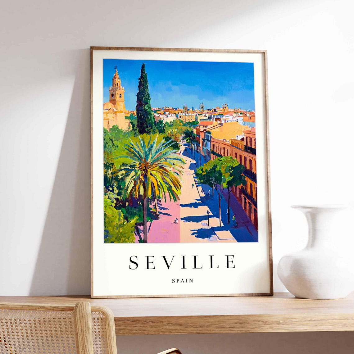 Seville Spain Old Town Palm Street Giralda View Travel Poster