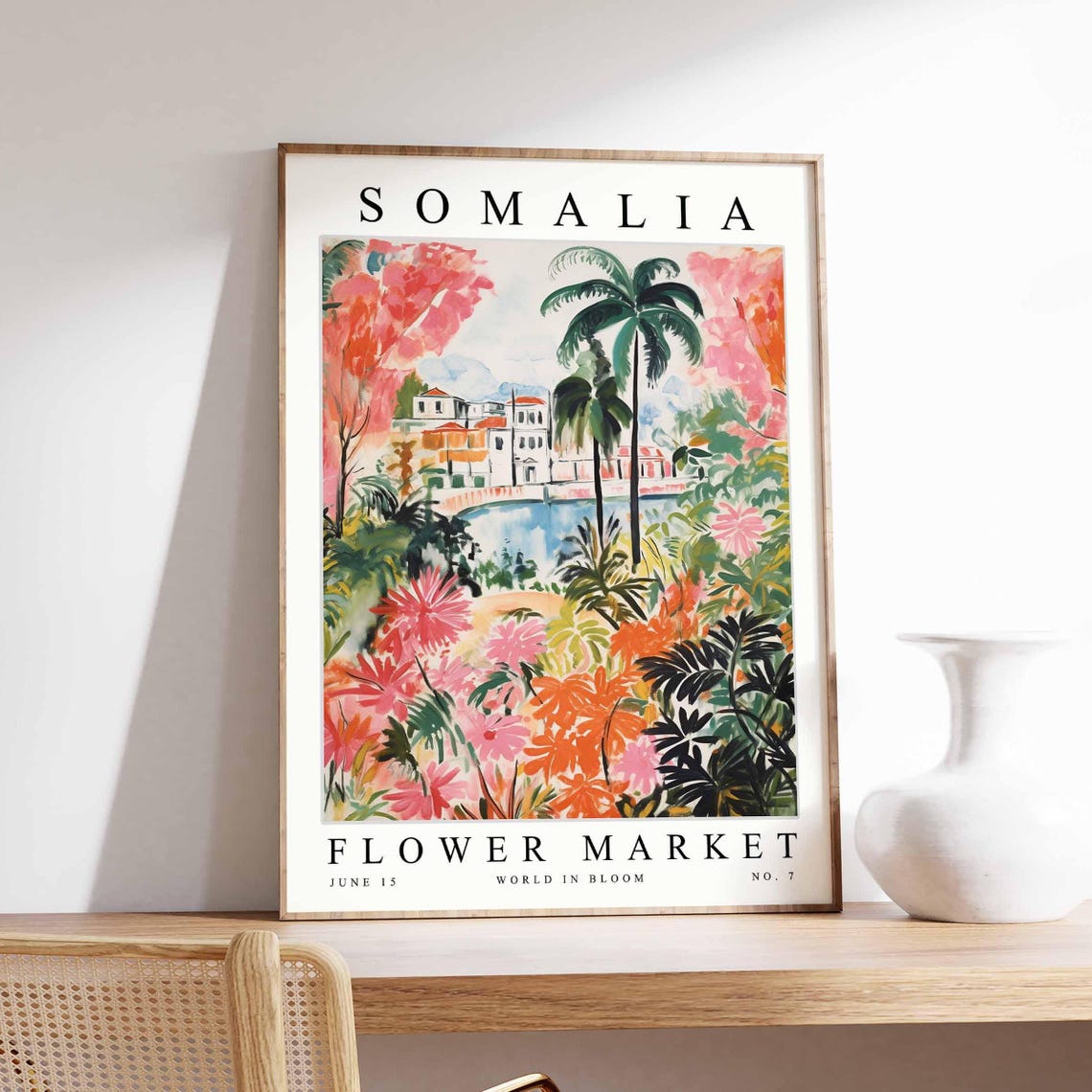 Somalia Flower Market Lagoon Villa Palm Blossom Scene Poster