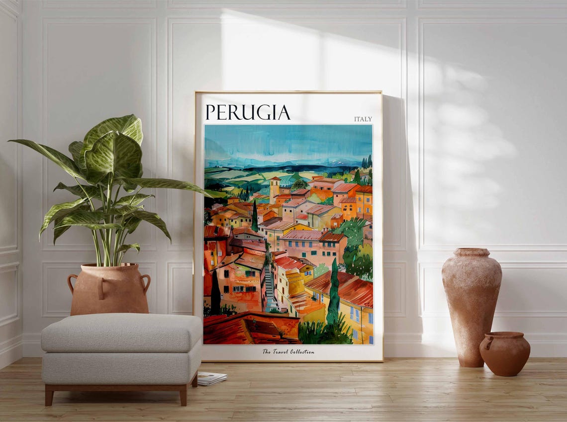 Perugia Italy Scenic Old Town Rooftops Valley Painted Poster - Image 2