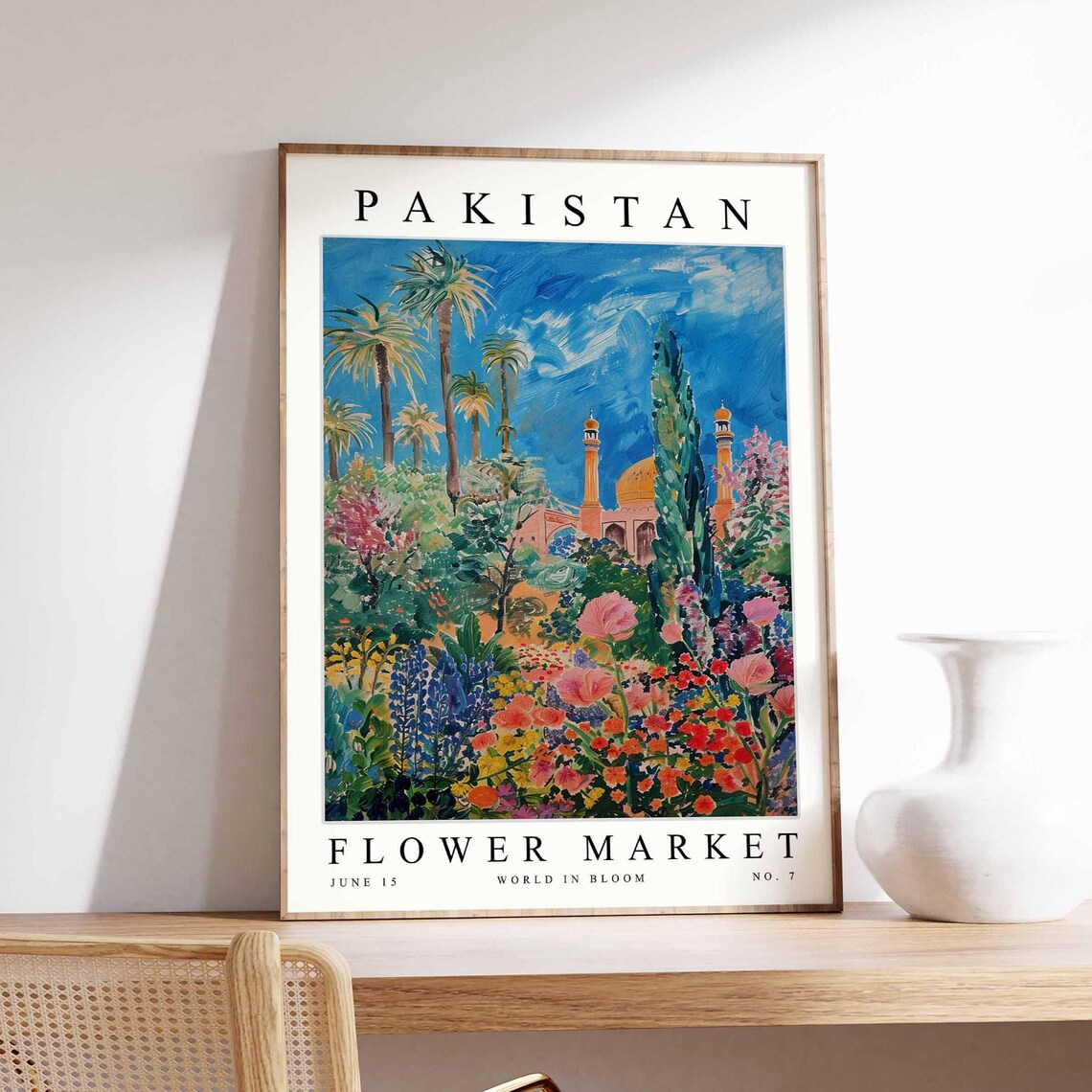 Pakistan Golden Dome Mosque Palm Garden Vibrant Flower Market Poster
