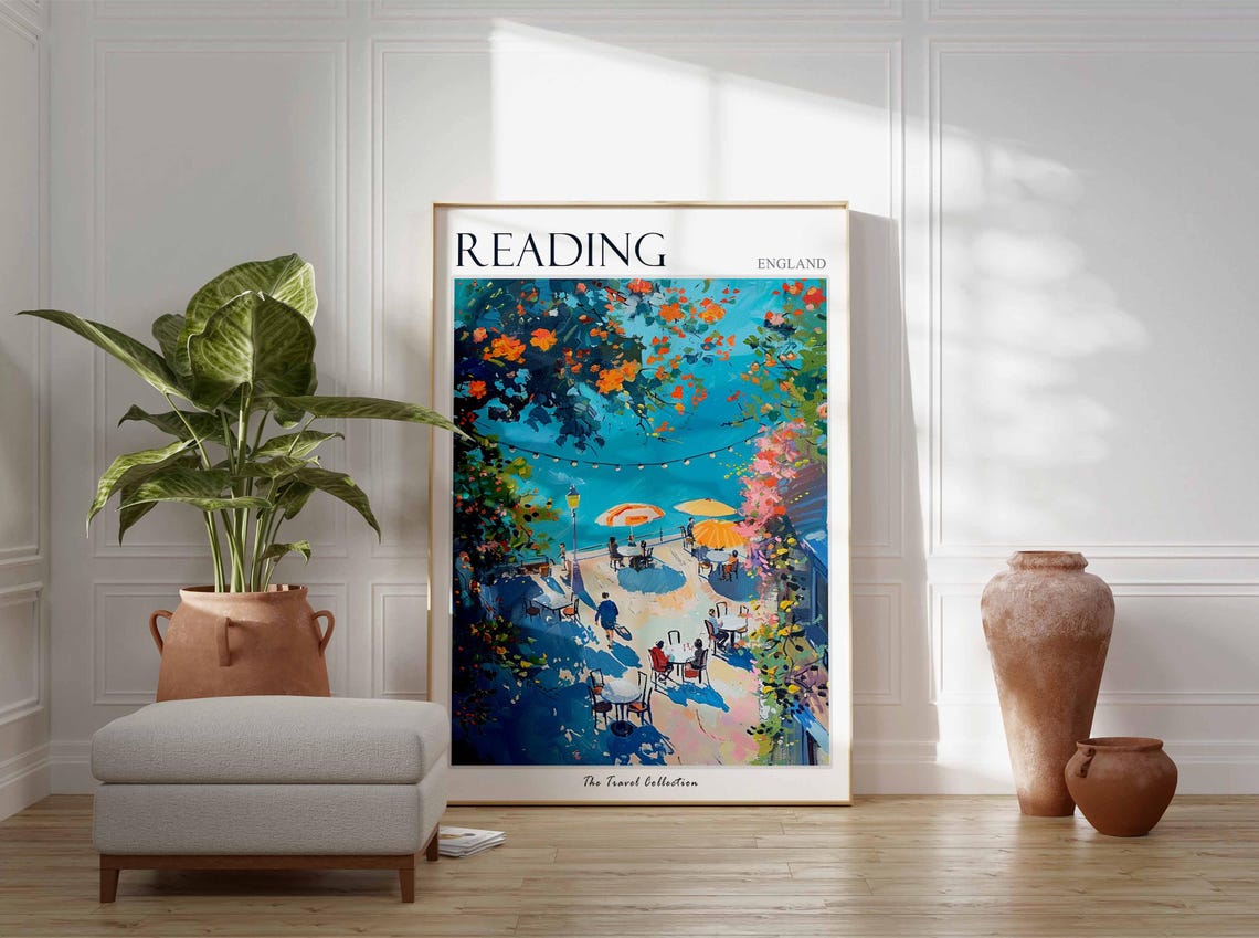 Reading England Colorful Seaside Cafe Terrace Scene Art Travel Poster - Image 3