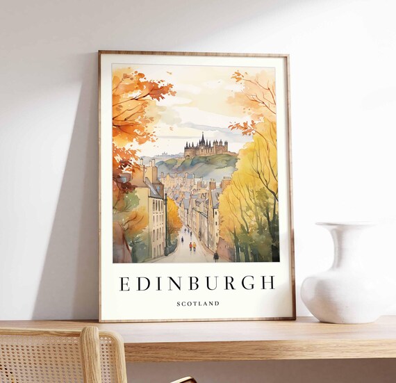 Edinburgh Scotland Autumn Street Castle Hill Golden Trees Travel Poster