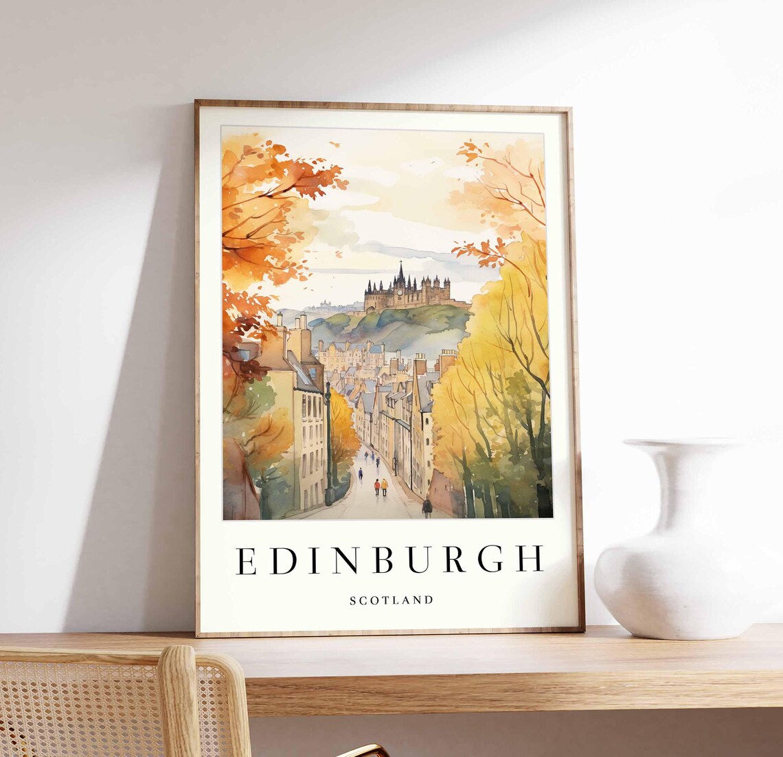 Edinburgh Scotland Autumn Street Castle Hill Golden Trees Travel Poster