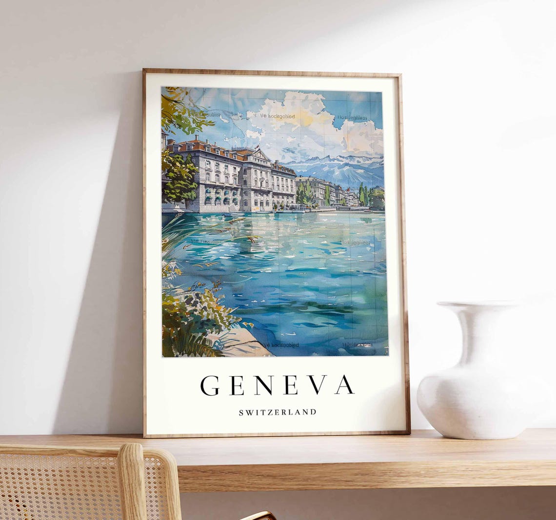 Geneva Switzerland Waterfront Buildings Soft Watercolor Poster
