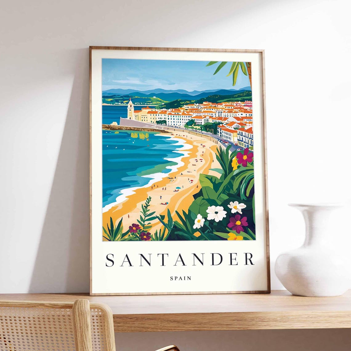 Santander Spain Curved Beach Church Tower Tropical Flower View Poster