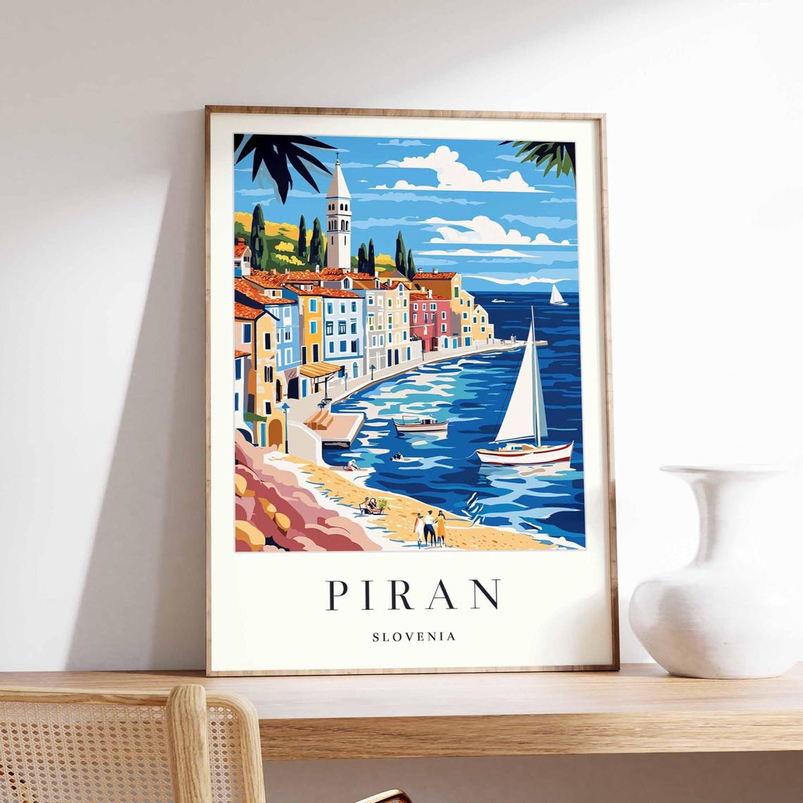 Piran Slovenia Seaside Old Town Sailboat Beach Church Tower Poster