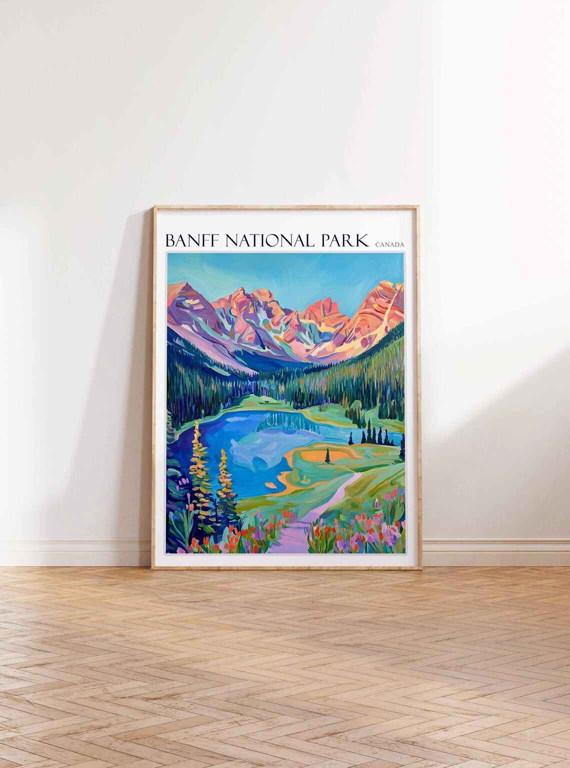 Banff National Park Canada Pink Peaks Lake and Wildflowers Art Poster - Image 3