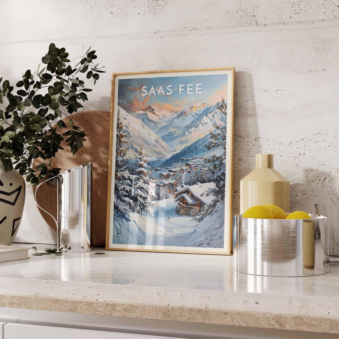 Saas Fee Switzerland Alpine Sunset Golden Light Over Village Ski Poster - Image 2