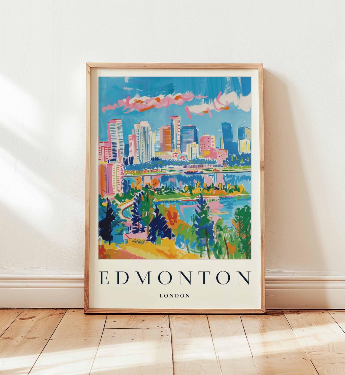 Edmonton London Colorful Painted River Skyline Travel Art Poster