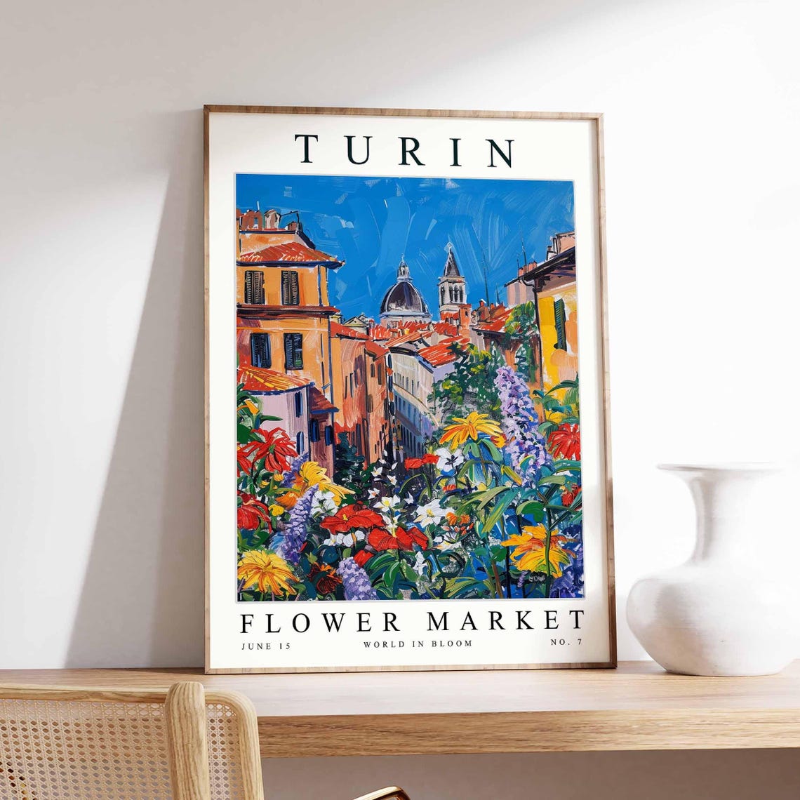 Turin Flower Market City Street Red Roofs Dome Lush Blooms Poster