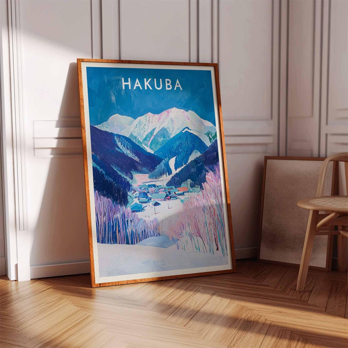 Hakuba Japan Bold Teal Sky Pink Trees Valley Ski Scene Poster - Image 2