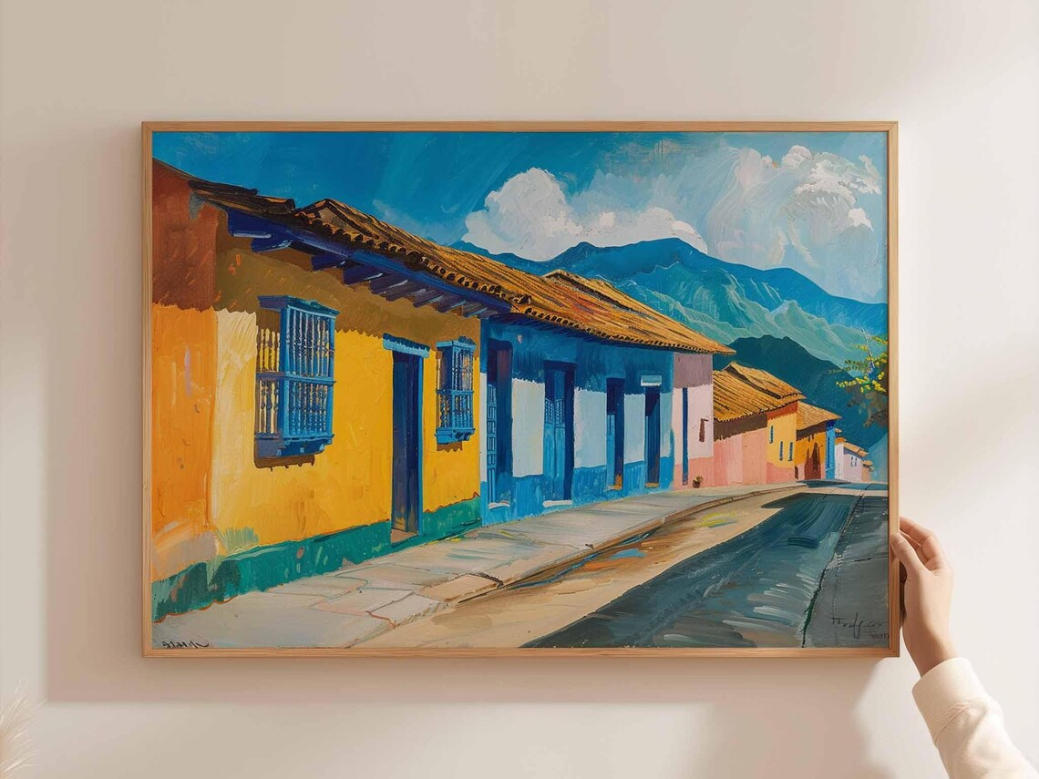 Colombia Colonial Street Yellow Blue Houses Mountain View Art Poster