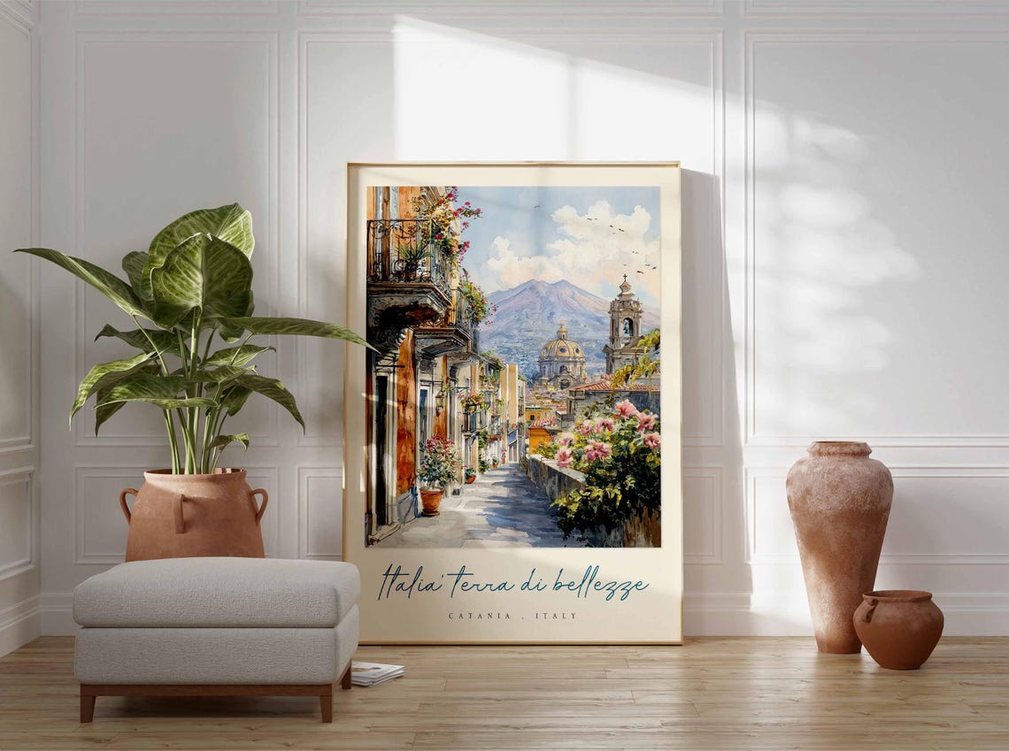 Catania Italy Terra di Bellezze Floral Balcony Volcano View Poster - Image 3