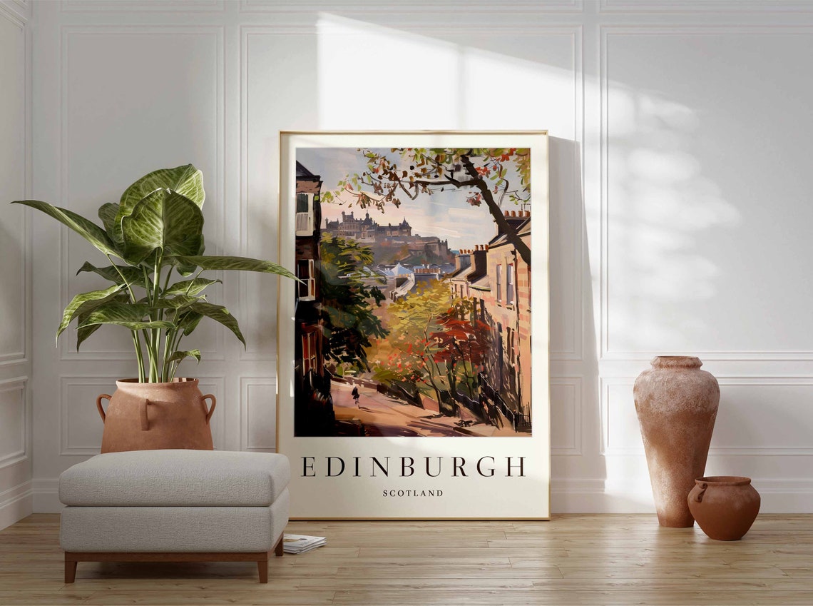 Edinburgh Scotland Watercolor Street Scene With Castle Poster - Image 3