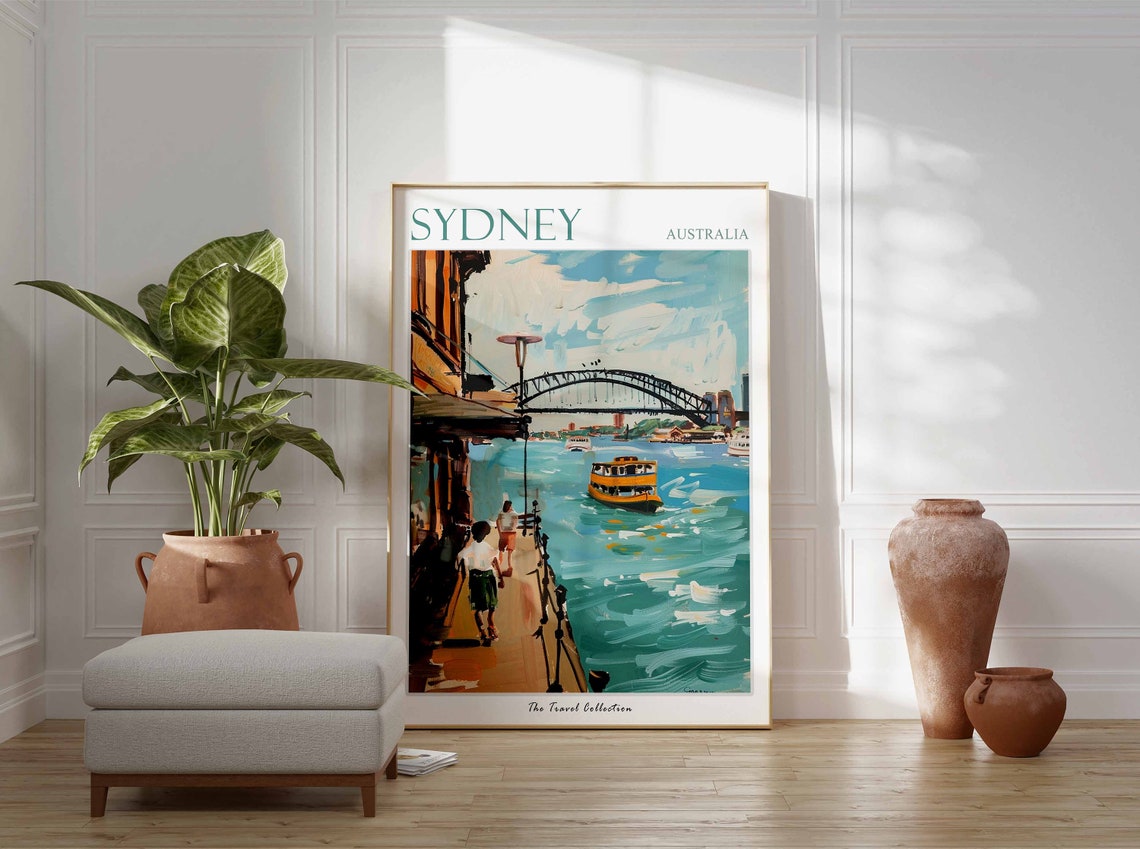 Sydney Australia Colorful Harbor Bridge Ferry Scene Art Travel Poster - Image 3