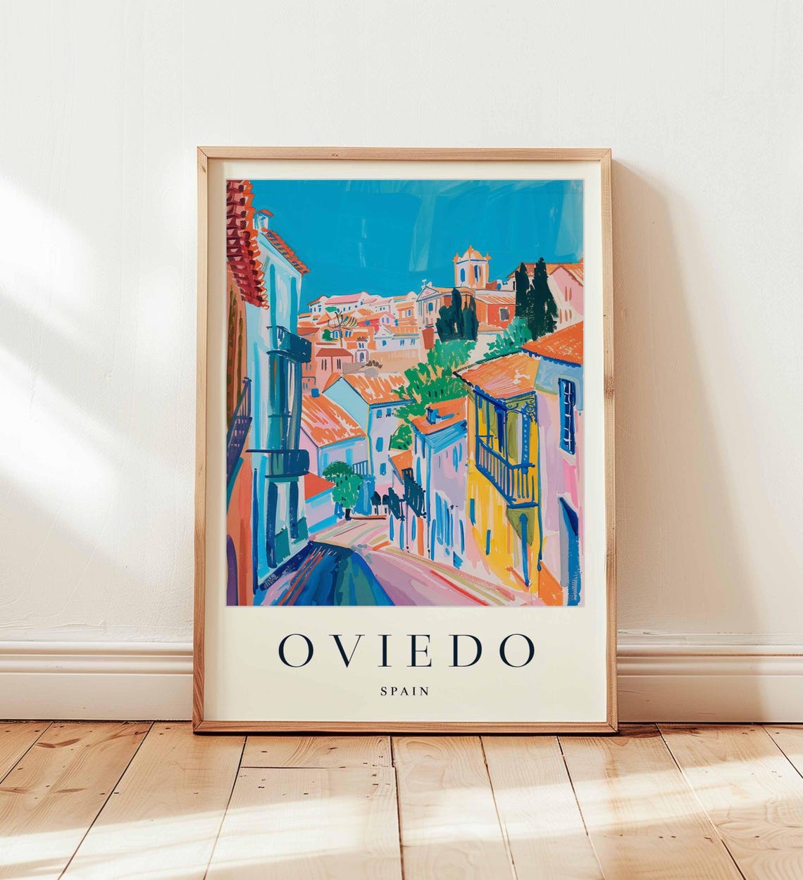 Oviedo Spain Old Town Street With Terracotta Roofs Travel Poster