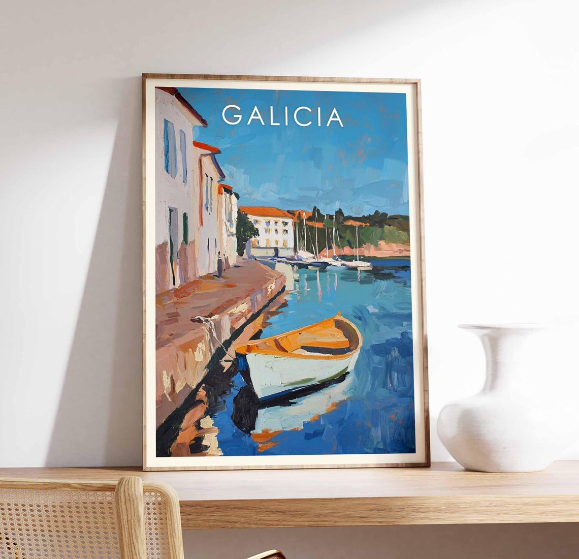 Galicia Spain Painted Coastal Harbor Orange Boat Blue Sea Poster