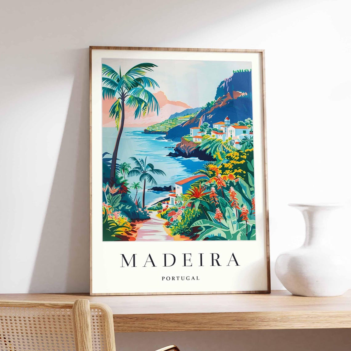 Madeira Portugal Coastal Poster With Tropical Cliffs And Palm Trees