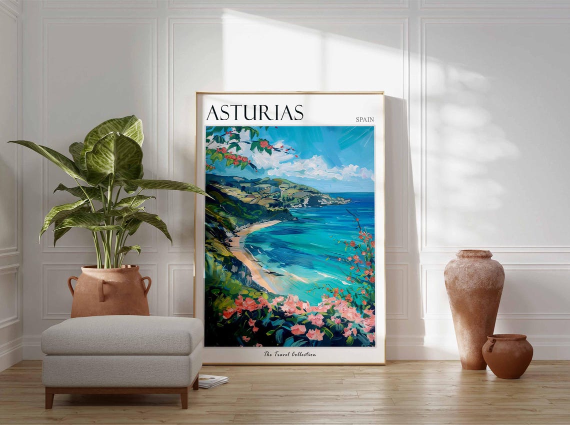 Asturias Spain Turquoise Bay Beach Painterly Coast Scene Poster - Image 3