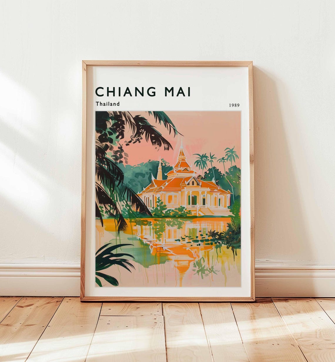 Chiang Mai Thailand 1989 Temple Lake Sunset Reflection Travel Poster